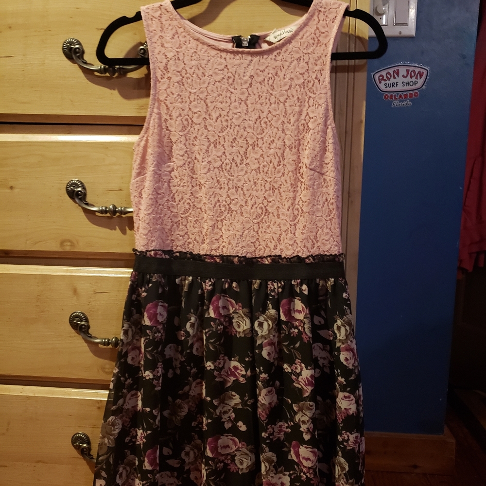 Macy's dress. Pink top with floral black skirt